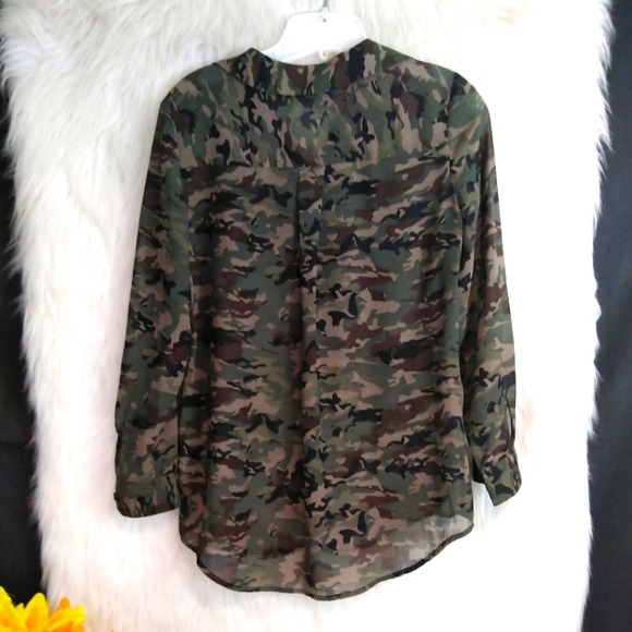 A New Approach Green Camouflage Long Sleeve Front Button Sheer Shirt Size PS - Picture 8 of 10